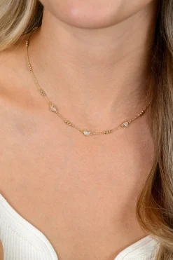 ZINZI gold plated zilveren schakelketting met trio-bolletjes en drie hartvormige witte zirkonia's 40-45cm ZIC2679