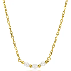 ZINZI gold plated zilveren schakelketting met drie witte natuurlijk gevormde zoetwaterparels in het midden 42-45cm ZIC2643