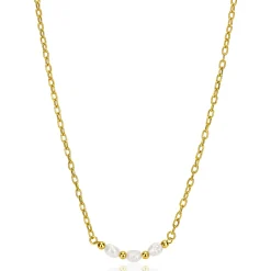 ZINZI gold plated zilveren schakelketting met drie witte natuurlijk gevormde zoetwaterparels in het midden 42-45cm ZIC2643