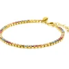ZINZI gold plated zilveren tennis armband 3mm breed en bezet met regenboog kleurstenen in vierkante kastzettingen 17-20cm ZIA2666