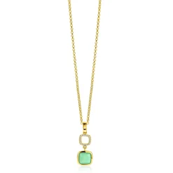 ZINZI gold plated zilveren tweezijdige hanger 30mm vierkant met witte onyx en mintgroene kleursteen ZIH2308 (zonder collier)