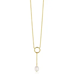 ZINZI gold plated zilveren Y-ketting met open rondje en bungelend witte zoetwaterparel in organische vorm 42-45cm ZIC2615