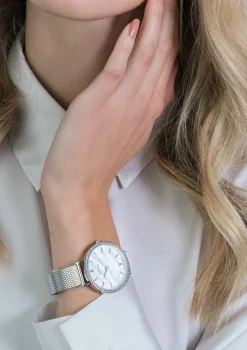 ZINZI horloge GRACE 34mm wit parelmoer wijzerplaat, rondom bezet met witte crystals,  stalen kast en band ziw1317