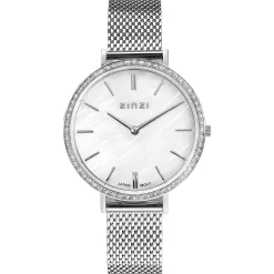 ZINZI horloge GRACE 34mm wit parelmoer wijzerplaat, rondom bezet met witte crystals,  stalen kast en band ziw1317