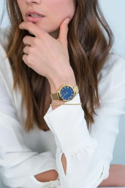 ZINZI horloge JULIA 34mm donkerblauwe parelmoer wijzerplaat romeinse cijfers goudkleurige stalen kast en band ziw1147