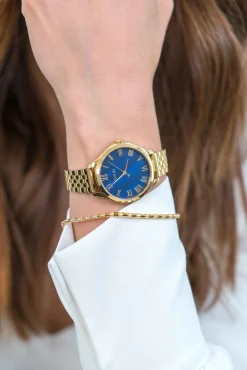 ZINZI horloge JULIA 34mm donkerblauwe parelmoer wijzerplaat romeinse cijfers goudkleurige stalen kast en band ziw1147