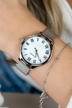 ZINZI horloge JULIA 34mm wit parelmoer wijzerplaat romeinse cijfers stalen kast en meshband ZIW1117M