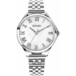 ZINZI horloge JULIA 34mm wit parelmoer wijzerplaat romeinse cijfers stalen kast en band ziw1117