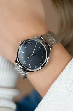 ZINZI horloge JULIA 34mm zwarte wijzerplaat romeinse cijfers stalen kast en meshband ZIW1101M