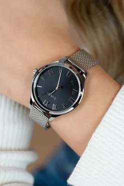 ZINZI horloge JULIA 34mm zwarte wijzerplaat romeinse cijfers stalen kast en meshband ZIW1101M