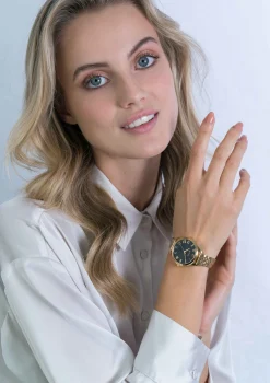 ZINZI horloge JULIA 34mm zwarte wijzerplaat romeinse cijfers goudkleurige stalen kast en band ziw1143