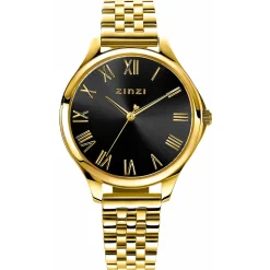 ZINZI horloge JULIA 34mm zwarte wijzerplaat romeinse cijfers goudkleurige stalen kast en band ziw1143