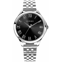 ZINZI horloge JULIA 34mm zwarte wijzerplaat romeinse cijfers stalen kast en band ziw1101