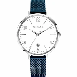 ZINZI horloge SOPHIE witte wijzerplaat met datum, stalen kast 38mm, stalen blauwe mesh band 14mm ZIW1406BM