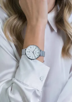 ZINZI horloge SOPHIE witte wijzerplaat met datum, stalen kast 38mm, stalen mesh band 14mm ZIW1406