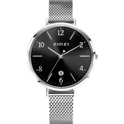ZINZI horloge SOPHIE zwarte wijzerplaat met datum, stalen kast 38mm, stalen mesh band 14mm ZIW1401