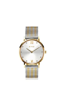 ZINZI Lady Crystal horloge zilvergekleurde wijzerplaat, geelgoudkleurige kast en bicolor stalen mesh band, witte crystals bij uuraanduiding, 28mm extra dun ZIW633MB