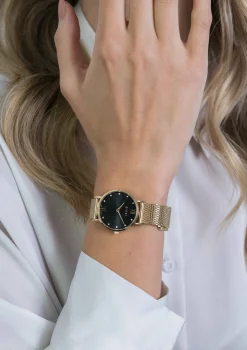 ZINZI Lady Crystal horloge zwarte wijzerplaat, geelgoudkleurige kast en stalen mesh band, witte crystals bij uuraanduiding, 28mm ZIW643M