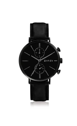 ZINZI Man watch Traveller black zwarte wijzerplaat matzwarte stalen kast zwarte leren band 39mm dual time ZIW750