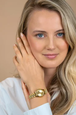 ZINZI Mini Iconic horloge 24mm met goudkleurige wijzerplaat, witte zirkonia's als uur-aanduiding en stalen geelgoudkleurige kast en band, Japans uurwerk ZIW2710