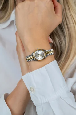 ZINZI Mini Iconic horloge 24mm met zilverkleurige wijzerplaat, witte zirkonia's als uur-aanduiding en stalen kast en bicolor band, Japans uurwerk ZIW2733