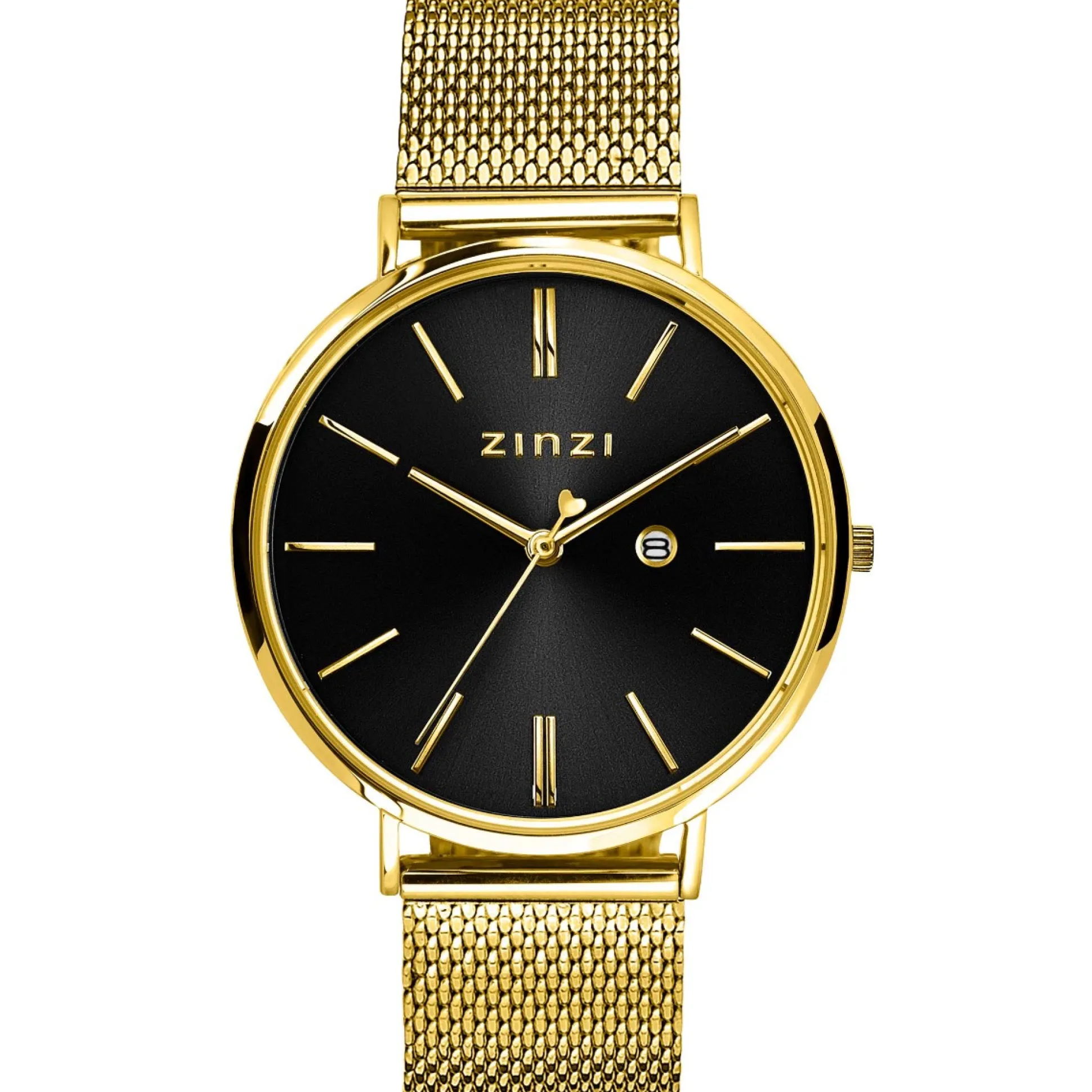 ZINZI Retro horloge 38mm zwarte wijzerplaat en geelgoudkleurige stalen kast stalen mesh band geelgoudkleurig extra dun ZIW443M