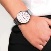 Zinzi Retro horloge roze-wit gestreepte wijzerplaat zilvergekleurde kast stalen mesh band 38mm extra dun ZIW419M