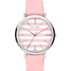 Zinzi Retro horloge roze-wit gestreepte wijzerplaat zilvergekleurde kast roze leren band 38mm extra dun ZIW419R