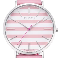Zinzi Retro horloge roze-wit gestreepte wijzerplaat zilvergekleurde kast roze leren band 38mm extra dun ZIW419R