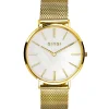 ZINZI Retro horloge witte parelmoer wijzerplaat en geelgoudkleurige stalen kast stalen mesh band geelgoudkleurig 38mm extra dun ZIW448M