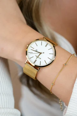 ZINZI Retro horloge witte wijzerplaat en geelgoudkleurige stalen kast stalen mesh band geelgoudkleurig 38mm extra dun ZIW407M