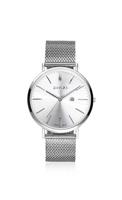Zinzi Retro horloge zilvergekleurde wijzerplaat en kast stalen mesh band 38mm extra dun ZIW402M