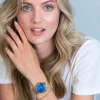 ZINZI Roman horloge donkerblauwe parelmoer wijzerplaat, geelgoudkleurige stalen kast, witte zirconia's bij uuraanduiding, geelgoudkleurige stalen mesh band 34mm extra dun ZIW547M