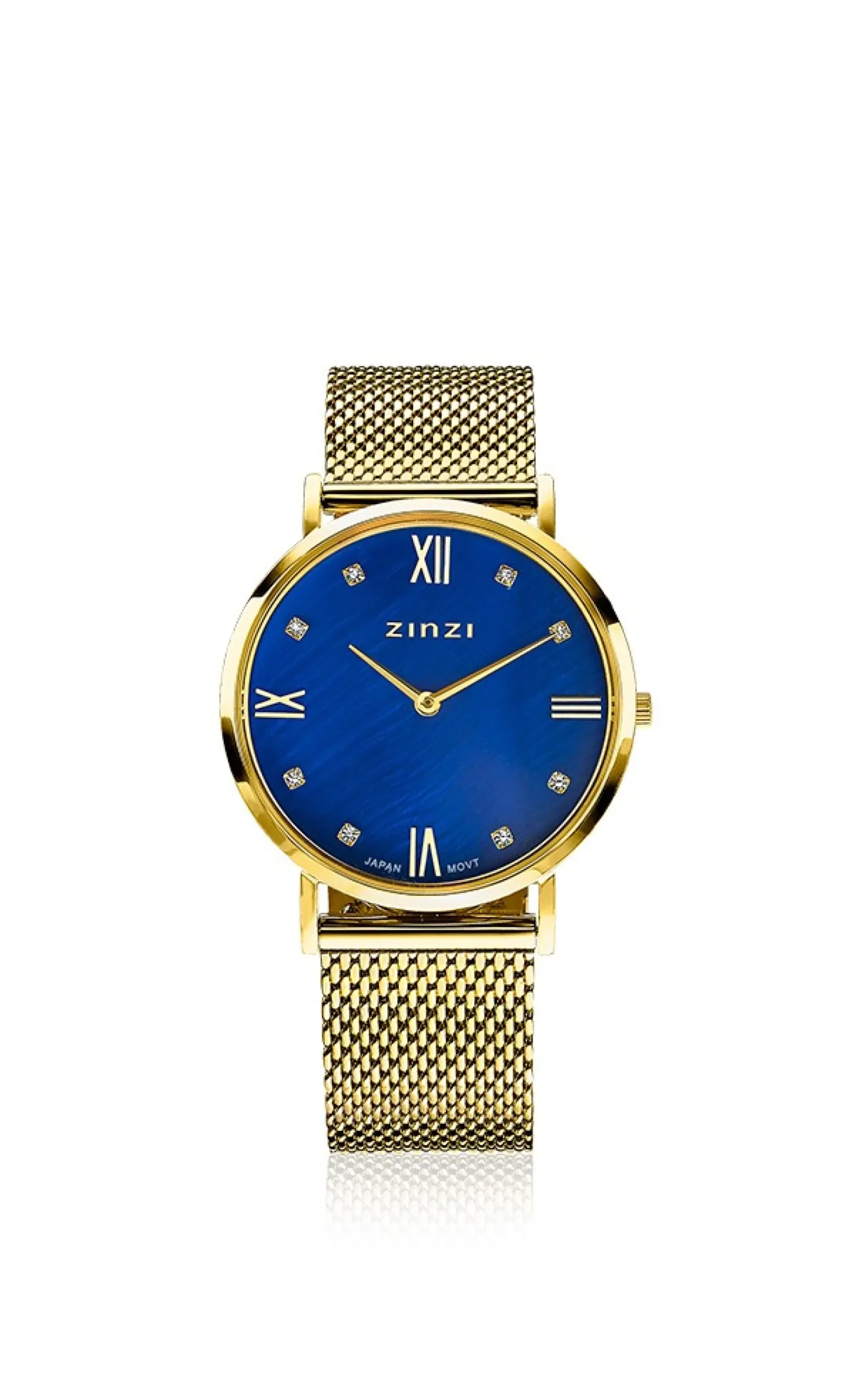 ZINZI Roman horloge donkerblauwe parelmoer wijzerplaat, geelgoudkleurige stalen kast, witte zirconia's bij uuraanduiding, geelgoudkleurige stalen mesh band 34mm extra dun ZIW547M