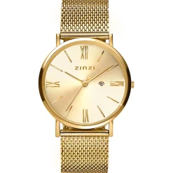 ZINZI Roman horloge goudkleurige wijzerplaat stalen kast geelgoudkleurig stalen mesh band geelgoudkleurig 34mm extra dun ZIW510M