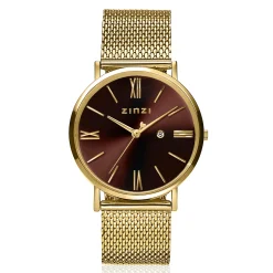 ZINZI Roman horloge 34mm bruine wijzerplaat geelgoudkleurige stalen kast en mesh band Japans uurwerk ZIW536M