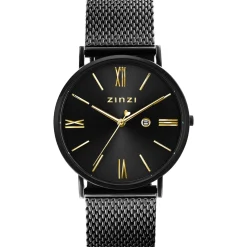 ZINZI Roman horloge 34mm zwarte wijzerplaat, zwarte kast met geelvergulde wijzers zwarte stalen mesh band extra dun ZIW549M