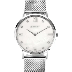 ZINZI Roman horloge witte parelmoer wijzerplaat, witte zirconia's bij uuraanduiding, stalen mesh band 34mm extra dun ZIW521M