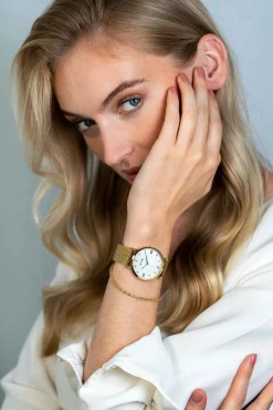 ZINZI Roman horloge witte parelmoer wijzerplaat stalen kast geelgoudkleurig stalen mesh band geelgoudkleurig 34mm extra dun ZIW548M