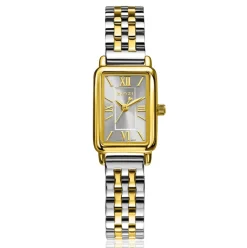ZINZI Small Elegance bicolor horloge zilverkleurige sunray wijzerplaat en rechthoekige kast stalen bicolor schakelband 22mm extra dun ZIW2833