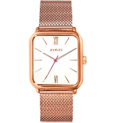 ZINZI Square Roman horloge witte wijzerplaat en rechthoekige roségoudkleurige kast stalen mesh band 32mm extra dun ZIW808M