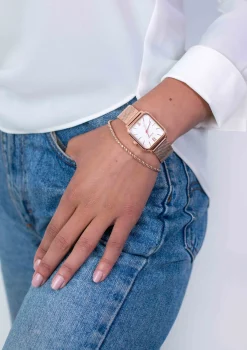 ZINZI Square Roman horloge witte wijzerplaat en rechthoekige roségoudkleurige kast stalen mesh band 32mm extra dun ZIW808M