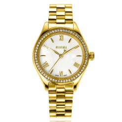 ZINZI Tresor horloge 32mm bezet met witte zirkonia's, parelmoer wijzerplaat en goudkleurige stalen kast en schakelband ZIW2434