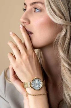 ZINZI Twenty horloge met zilverkleurige wijzerplaat, geelgoudkleurige kast 34mm en stalen meshband ZIW2033