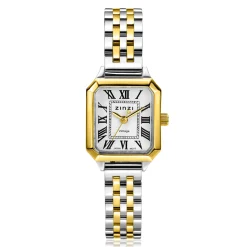 ZINZI Vintage horloge 24mm achthoekige geelgoudkleurige kast, witte wijzerplaat, bicolor stalen band en Japans uurwerk ZIW2607