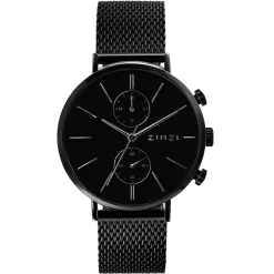 ZINZI watch Traveller black zwarte wijzerplaat, zwarte stalen kast zwarte mesh band 39mm dual time ZIW750M