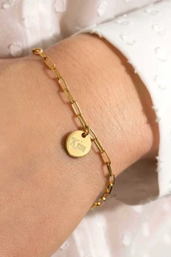 ZINZI zilveren armband 14K geel verguld paperclip schakel rond plaatje ZIA2166G