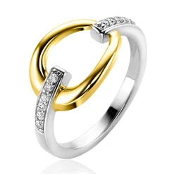 ZINZI zilveren bicolor ring met gold plated open druppelvorm, witte zirconia's in scheen ZIR1709Y