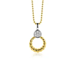 ZINZI zilveren bicolor ronde hanger 20mm gedraaid motief, bezet met witte zirconia's ZIH2390Y (zonder collier)
