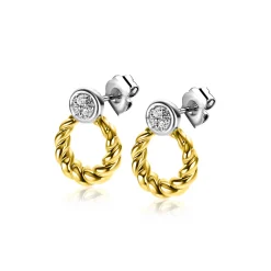 ZINZI zilveren bicolor ronde oorstekers 12mm gedraaid motief, bezet met witte zirconia's ZIO2390Y